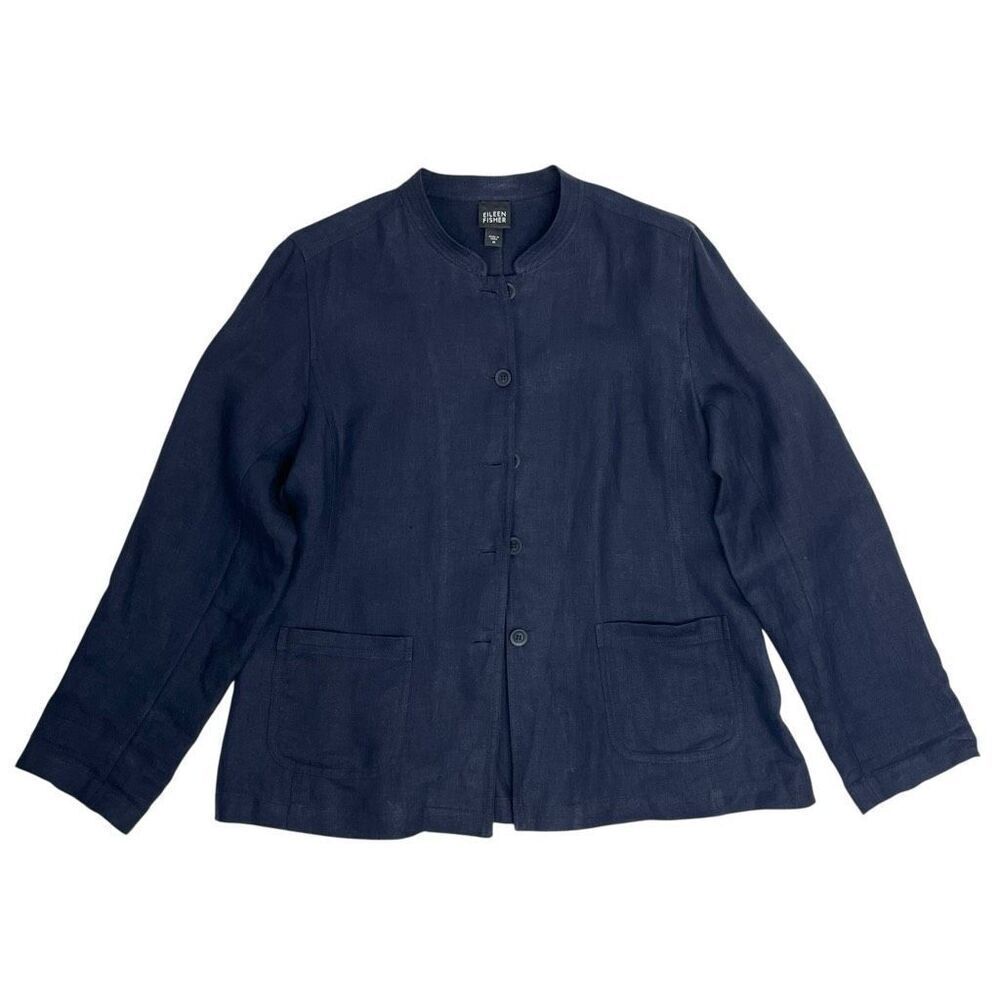 Eileen Fisher Womens Linen Mandarin Collar Button Front Coat Navy Blue Medium - Picture 3 of 15